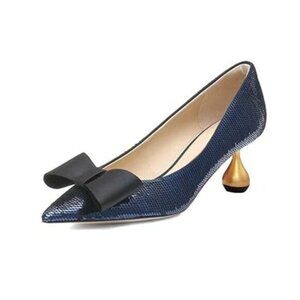 XYD Women Mid Golden Heel Slip On Pumps Bling Sequins Closed Pointy Toe Bow Knot